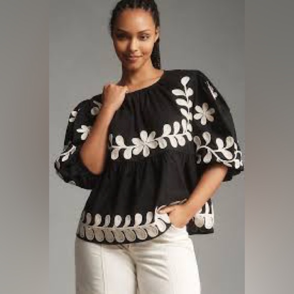 By Anthropologie Crew-Neck Embroidered Blouse